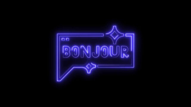 Neon bonjour text with speech bubble and star decoration on black background