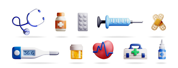 3d medical health care objects on white background. Illustration set for pharmacy, doctor, hospital, and medicine concept.