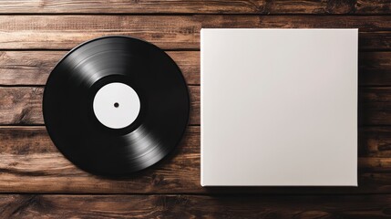 Black vinyl record beside blank white square sleeve on wooden surface.