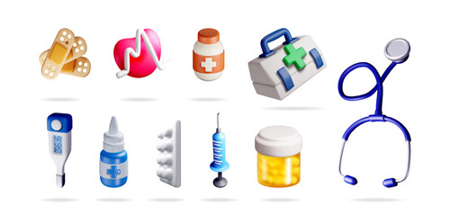 A set of 3d medical equipment icons including a stethoscope, medicine, syringe, and first aid kit for health.