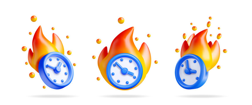 Three blue 3d alarm clock icon set with orange flames, fiery time urgency concept for business deadline.