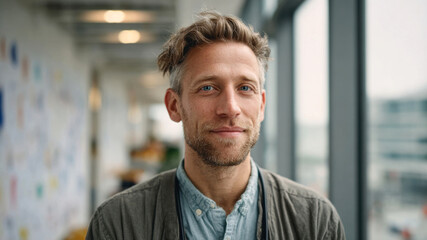 Caucasian male startup manager smiles casually in a bright modern office environment