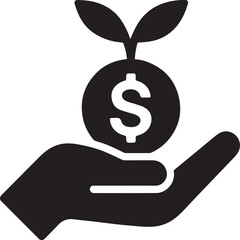 Silhouette icon of a coin sprouting from a hand, symbolizing financial growth and retirement savings plan benefits.