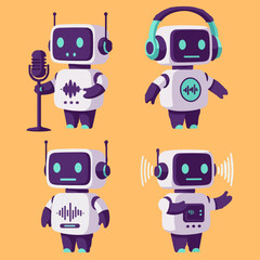 set minimalist geometric flat vector design of mini podcast robots