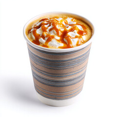 Delicious caramel macchiato is delightful to drink in paper cup
