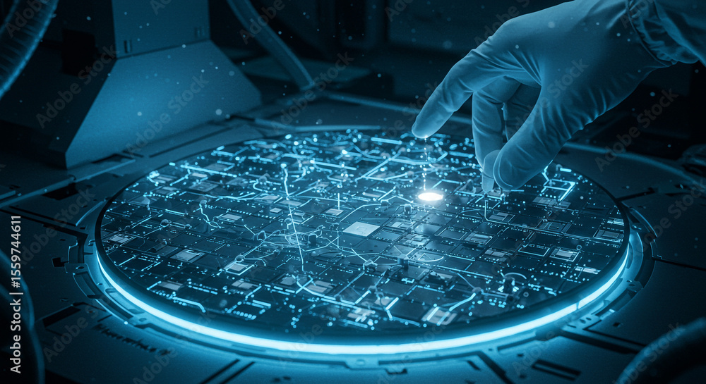 Poster gloved hand inspecting a silicon wafer with intricate circuits under blue illumination in a lab sett