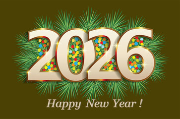 Merry Christmas and Happy New Year 2026. Festive background with number 2026 on fir branches with colorful confetti. Vector illustration for greeting cards, banners, posters, typography, web, icon.