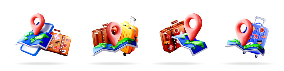 3d illustration set of a pin location, paper map, and luggage with various travel stickers. Concept of global travel and destination finding.