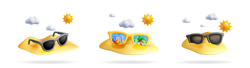 Set of 3d vector illustrations featuring various sunglasses on sand with sun and cloud for summer holiday concept.