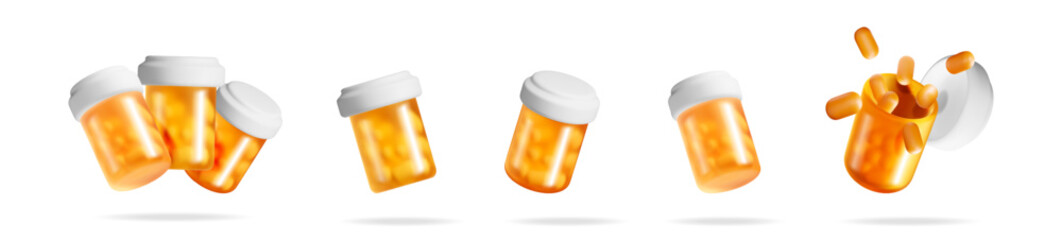 3d stock vector illustration set collection of orange pill bottles. Medical drug container for pharmacy and healthcare supply.