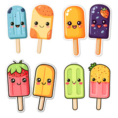 Cute Cartoon Popsicle Characters with Smiling Faces. Set of colorful cartoon popsicles with smiling faces in various fruit flavors and cute expressions, kawaii-style ice cream characters on sticks.