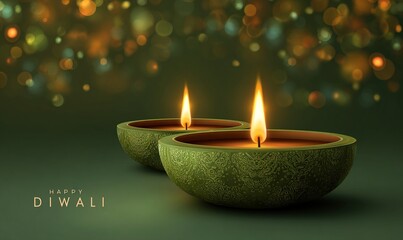 Green happy diwali with lighting diya lamp. Festival of lights. High quality