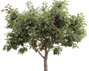 Whole Chokecherry Tree with Ripe Berries Isolated on White Background