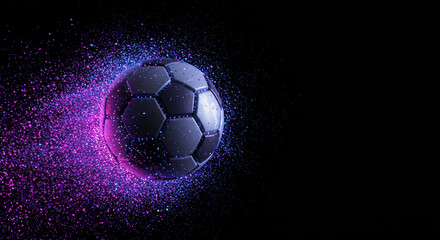 Naklejka premium A soccer ball surrounded by purple and blue glitter against a black background in a studio shot
