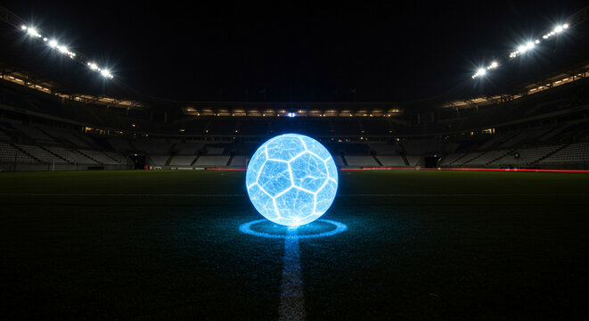 Illuminated soccer ball on a field at night with stadium lights and empty seating in the background