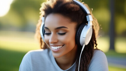 Cheerful young lady enjoying music outside