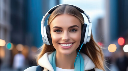 Youthful woman smiling in city with earphones