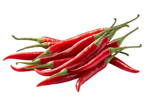 Set of red hot chili peppers isolated on a transparent background in PNG format.