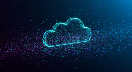 A glowing cloud made of particles floating in a dark space with blue and purple highlights around it