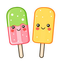 Adorable Fruit Popsicle Stickers with Faces. Set of colorful cartoon popsicles with smiling faces in various fruit flavors and cute expressions, kawaii-style ice cream characters on sticks.