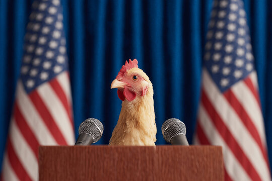 Anthropomorphic chicken at political podium with American flags and microphones – satirical, absurd parody of presidential speech, symbolizing cowardice and political commentary.