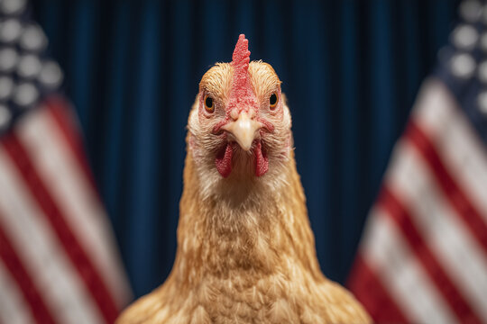 Anthropomorphic chicken at political podium with American flags and microphones – satirical, absurd parody of presidential speech, symbolizing cowardice and political commentary.