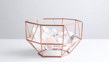 Geometric wire bowl filled with assorted crystals on a minimalist background, showcasing elegance