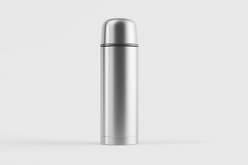 Stainless steel thermos mockup on white background – sleek, modern insulated bottle with reflective metal surface,  for product presentation and branding display.