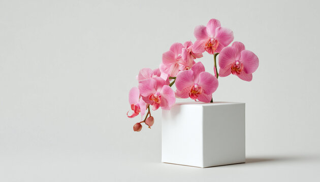 Minimalist gift box with orchid blossom on clean white background—elegant floral packaging mockup with space for text, branding, or message in modern, sophisticated layout