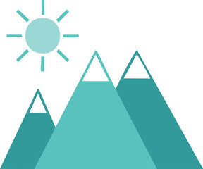 Vector Minimalist Mountain Landscape with Teal Triangular Peaks and Abstract Sun Design