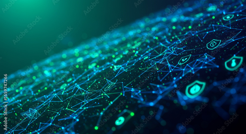 Poster abstract network background with glowing lines dots and security icons in blue and green hues