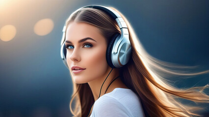Attractive female portrait music headphones motion hair