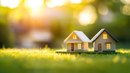 Miniature Houses on Grass with Warm Sunlight