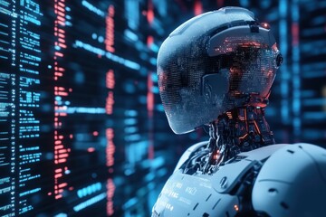 3D AI chatbot robot surrounded by digital code, data streaming in background