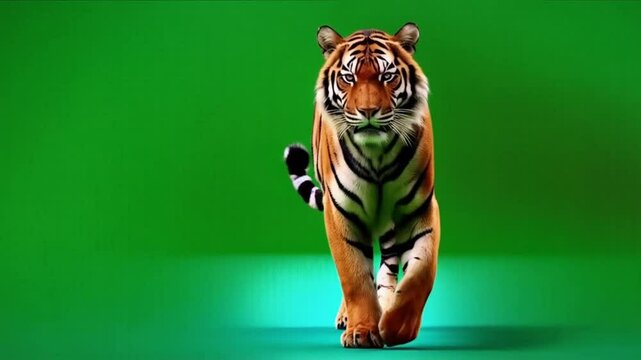 A tiger walking towards the camera on a green screen for compositing and visual effects work green screen animal video