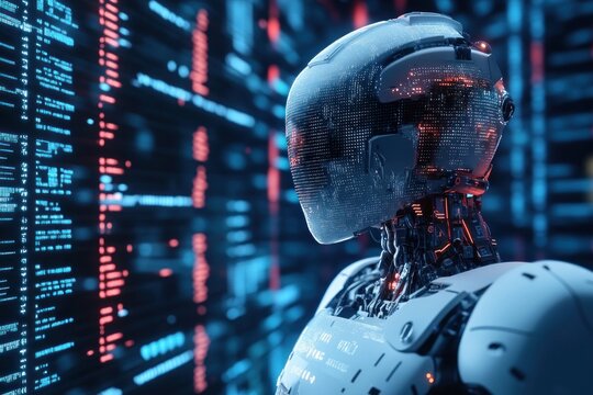 3D AI chatbot robot surrounded by digital code, data streaming in background - Powered by Adobe