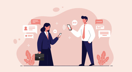 a man and woman are standing in front of a phone