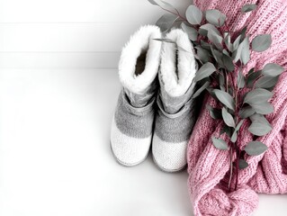A pair of light grey slippers and a pink knitted blanket with a plain white background with copy space