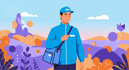 a man in a blue jacket and cap standing in a colorful, stylized landscape with abstract shapes and patterns. Suitable for landing page, banner, marketing, web design, presentation, infographic, etc.