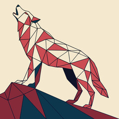 Geometric wolf howling on a polygonal mountain with red and white triangles in a modern art style