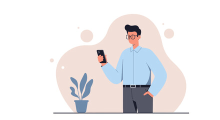 A young man in glasses stands in his home office, holding a smartphone and looking at it attentively, while a small plant sits in a pot nearby.