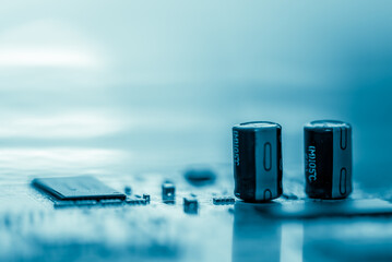 Abstract, Close up at electronic circuits, we see the technology of the mainboard, which is the...