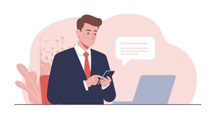 a man in a suit sitting at a desk with a laptop and a phone