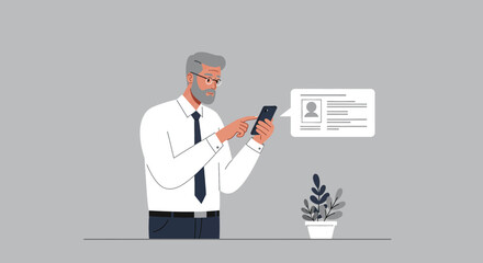 a man in a white shirt and tie is looking at his phone