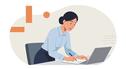 A focused businesswoman is efficiently working at her desk, actively taking notes on a notepad while using her laptop, showcasing professionalism and dedication in her workspace.