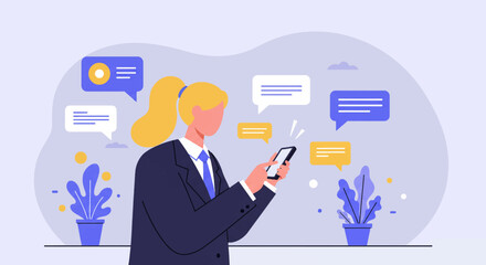 a woman in a business suit engrossed in her phone, surrounded by potted plants and dotted with chat bubbles. Suitable for landing page, banner, marketing, web design, presentation, infographic, etc.
