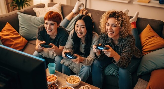 Young multiracial women enjoying video games together in cozy living room