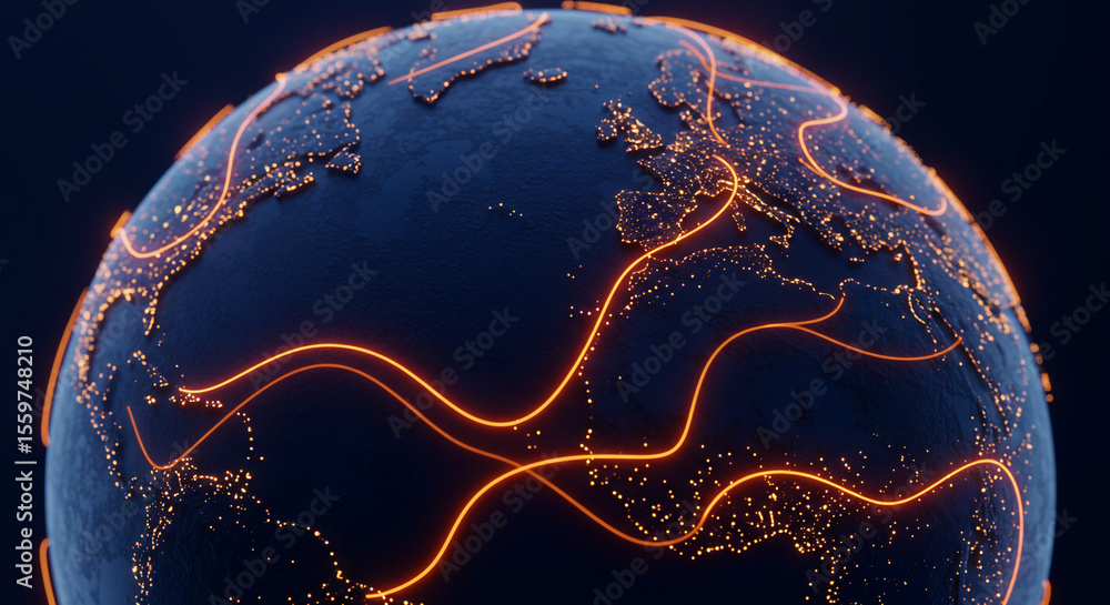 Aufkleber illuminated earth globe with orange network lines connecting continents in a dark background