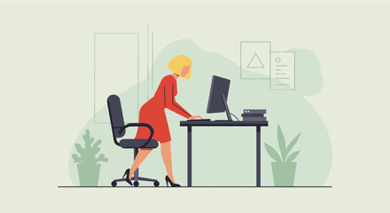 a woman in a red dress working at a desk with a computer, surrounded by office furniture and plants. Suitable for landing page, banner, marketing, web design, presentation, infographic, etc.