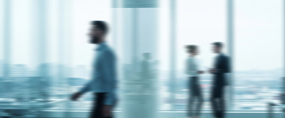 Corporate space with people in soft motion blur walking through a clean, light-filled interior with glass architecture, showcasing a modern business lifestyle driven by clarity and design
